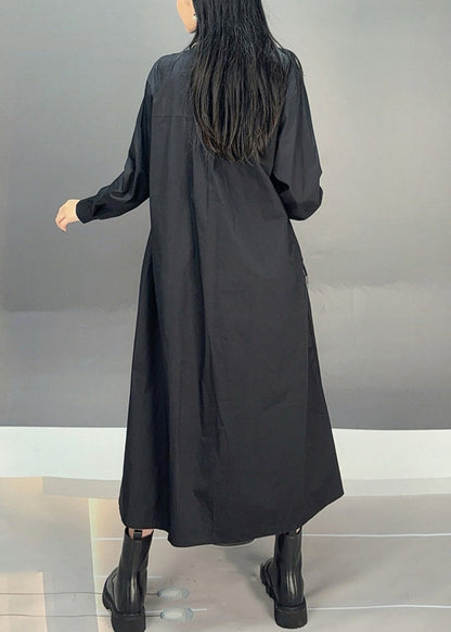 Black Button Cotton Fall Blouses Dresses Asymmetrical