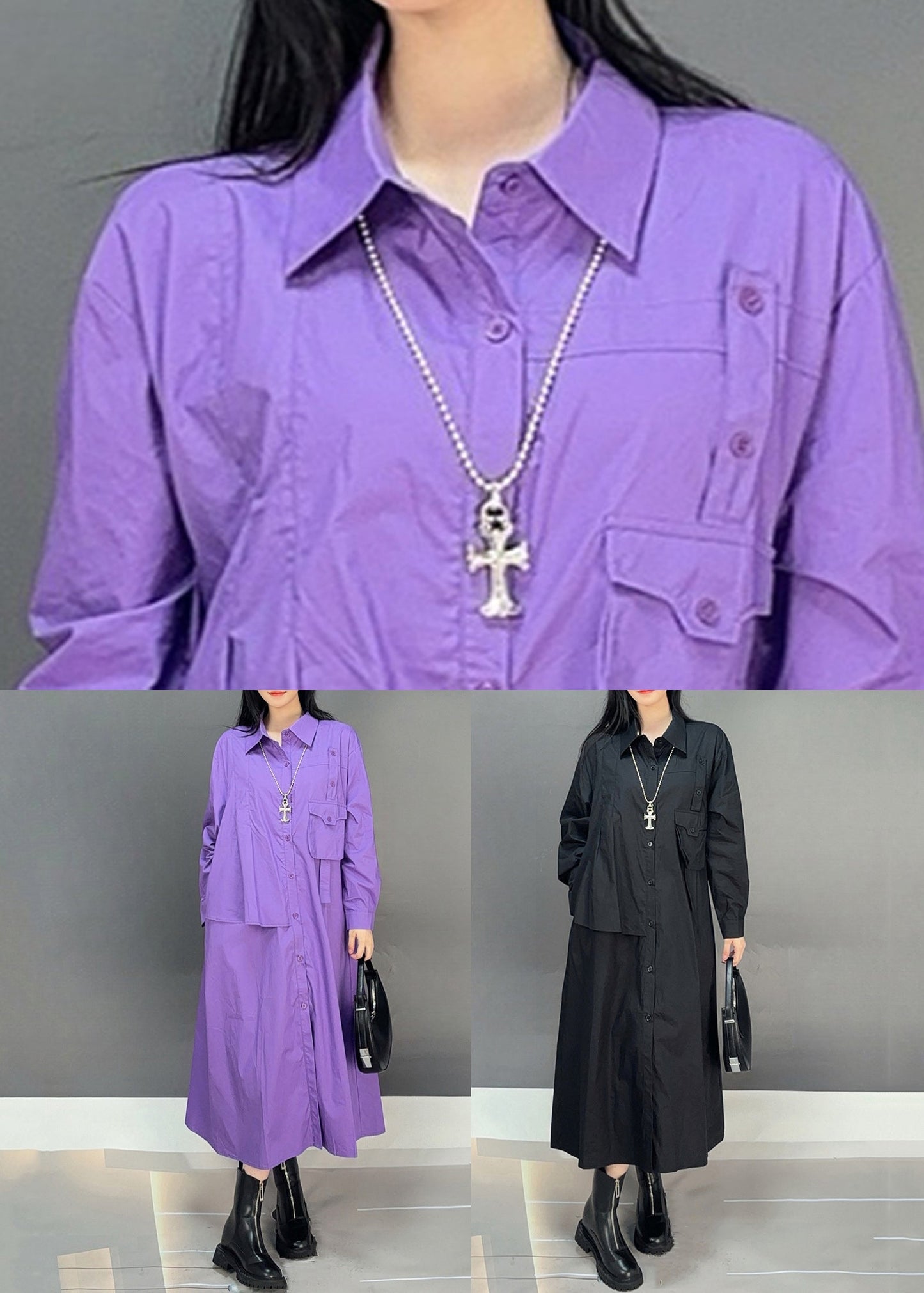 Black Button Cotton Fall Blouses Dresses Asymmetrical