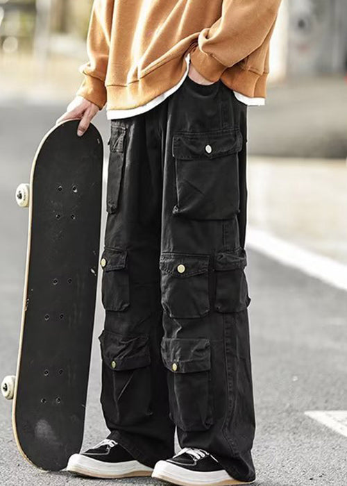 Black Button Cotton Pants High Waist
