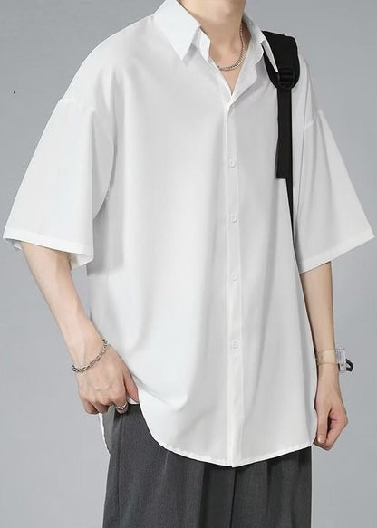Black Button Ice Silk Shirt Peter Pan Collar Half Sleeve