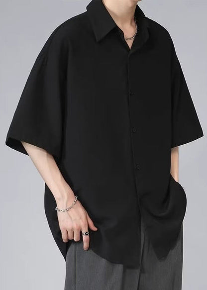 Black Button Ice Silk Shirt Peter Pan Collar Half Sleeve