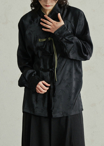Black Button Stand Collar Top Lantern Sleeve