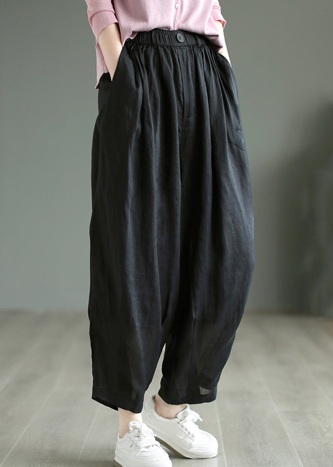 Black Pockets Linen Pants Elastic Waist Summer