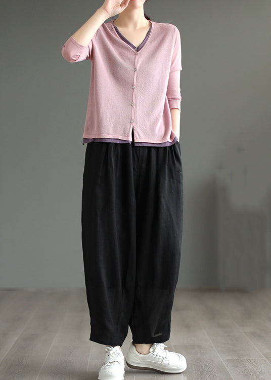 Black Pockets Linen Pants Elastic Waist Summer