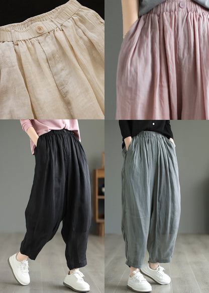 Black Pockets Linen Pants Elastic Waist Summer