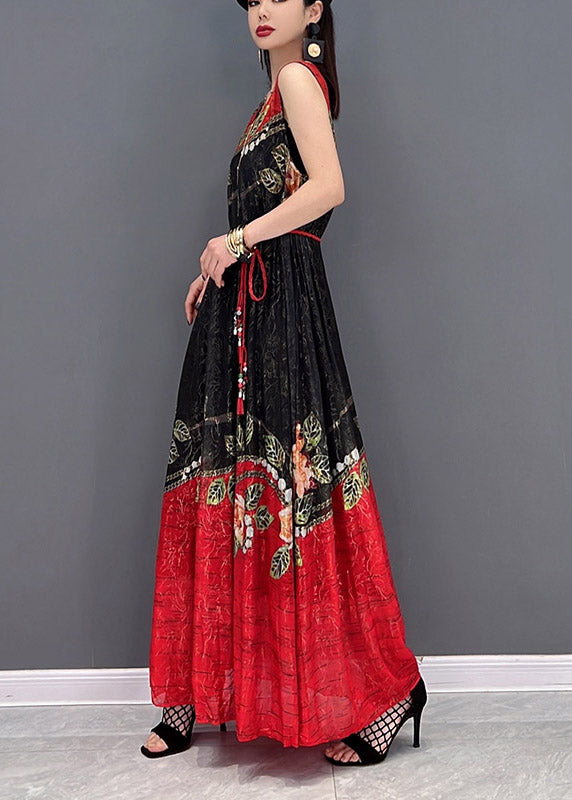 Black Chiffon Holiday a Line Dress Tie Waist Sleeveless