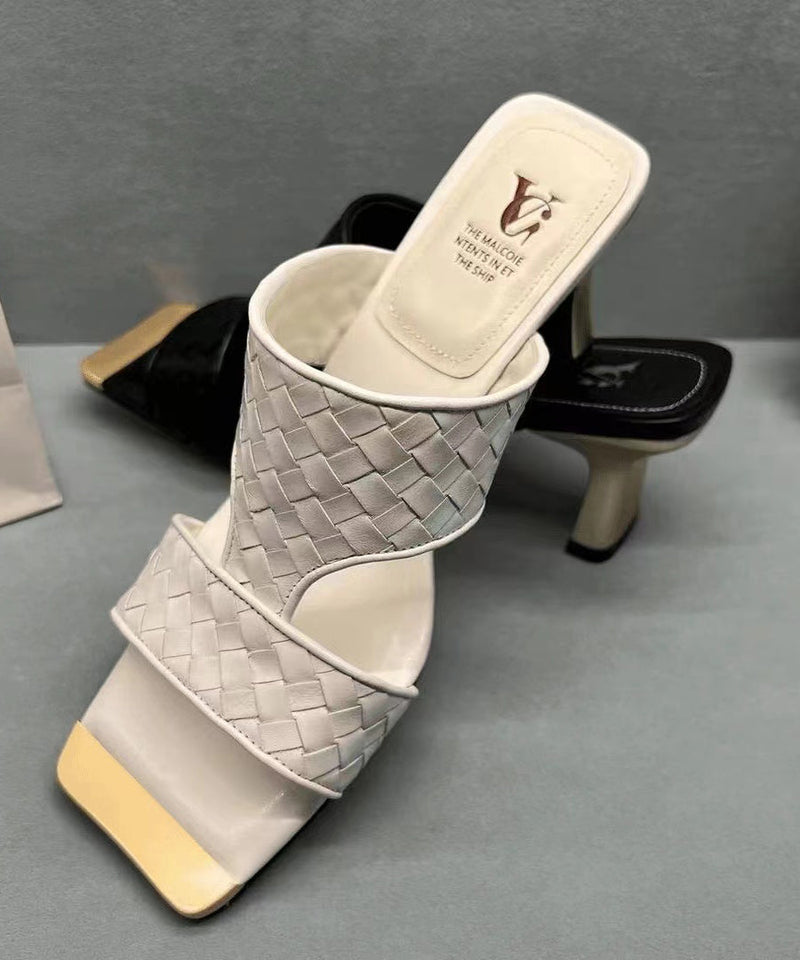 Black Chunky Heel Faux Leather Slide Sandals Peep Toe