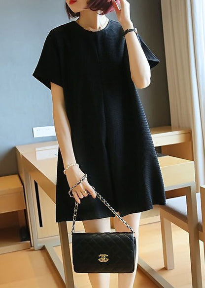 Black Cotton a Line Dress O-neck Wrinkled Summer