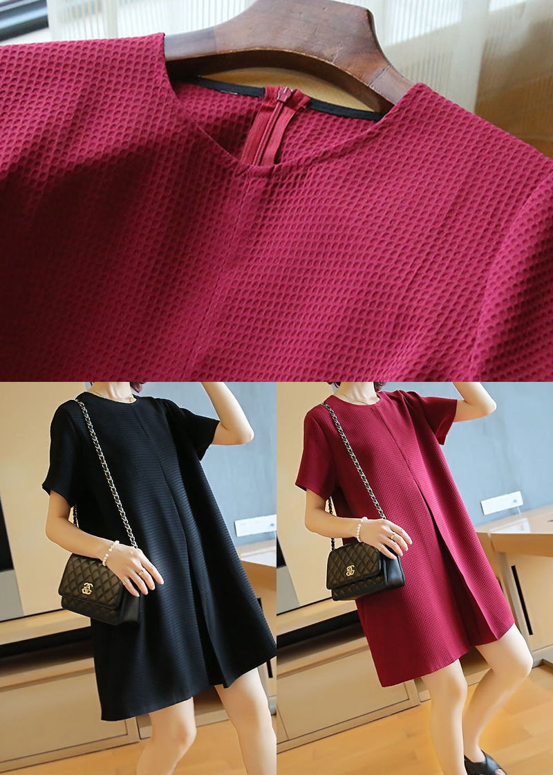 Black Cotton a Line Dress O-neck Wrinkled Summer