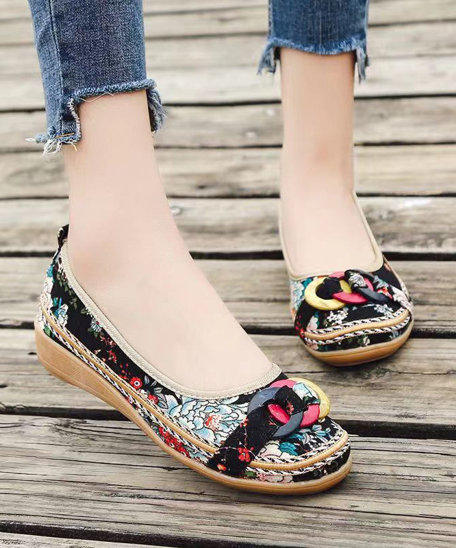 Black Cotton Fabric Print Splicing Wedge Heels Soolinen Shoes-20251