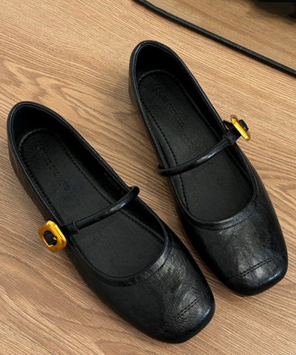 Black Cowhide Leather Splicing Flat Shoes for