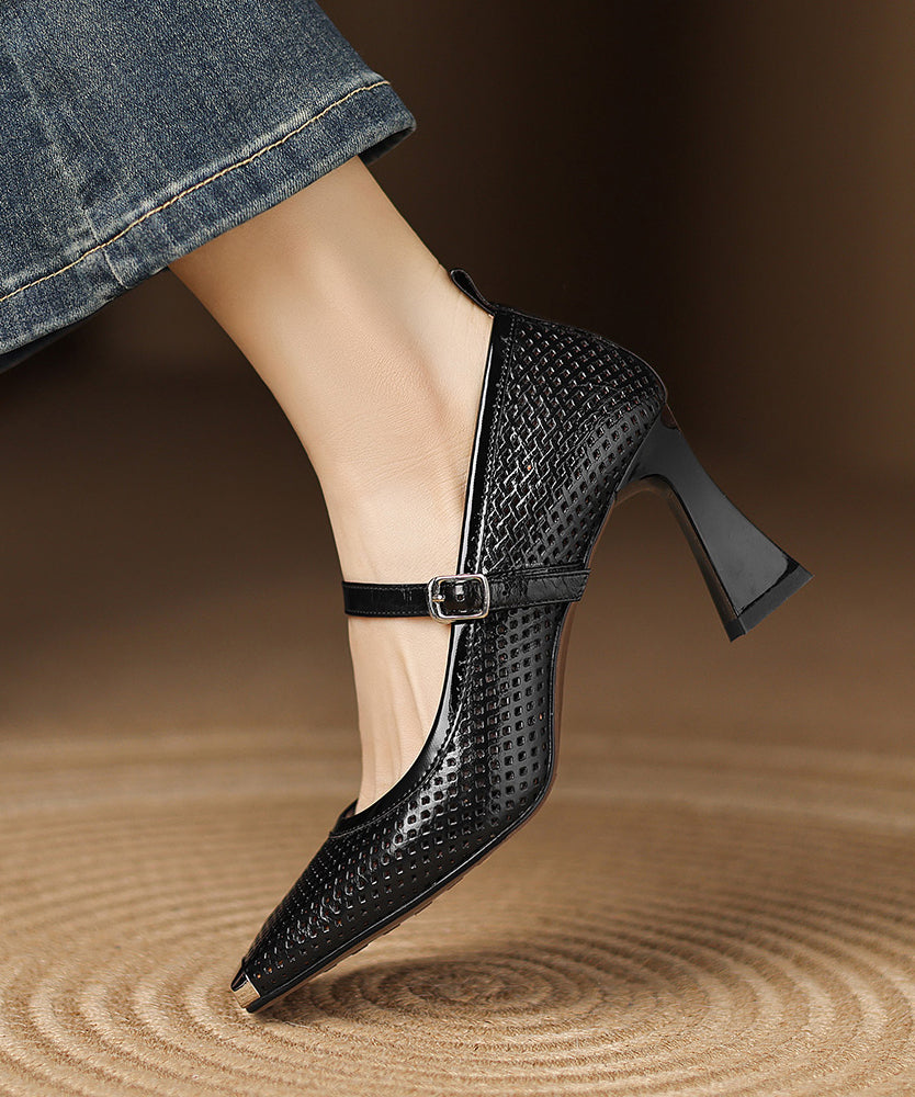 Black Cowhide Leather Splicing Chunky High Heels