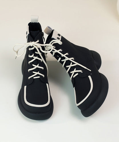 Black Cowhide Leather Splicing Boutique Lace Up Boots
