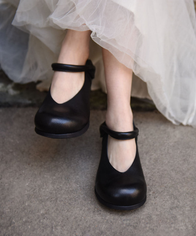 Black Cowhide Leather Splicing Buckle Strap Flats