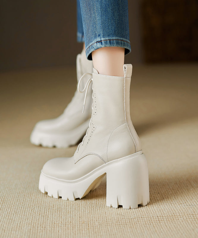 Black Cross Strap Splicing Cowhide Leather Chunky Boots
