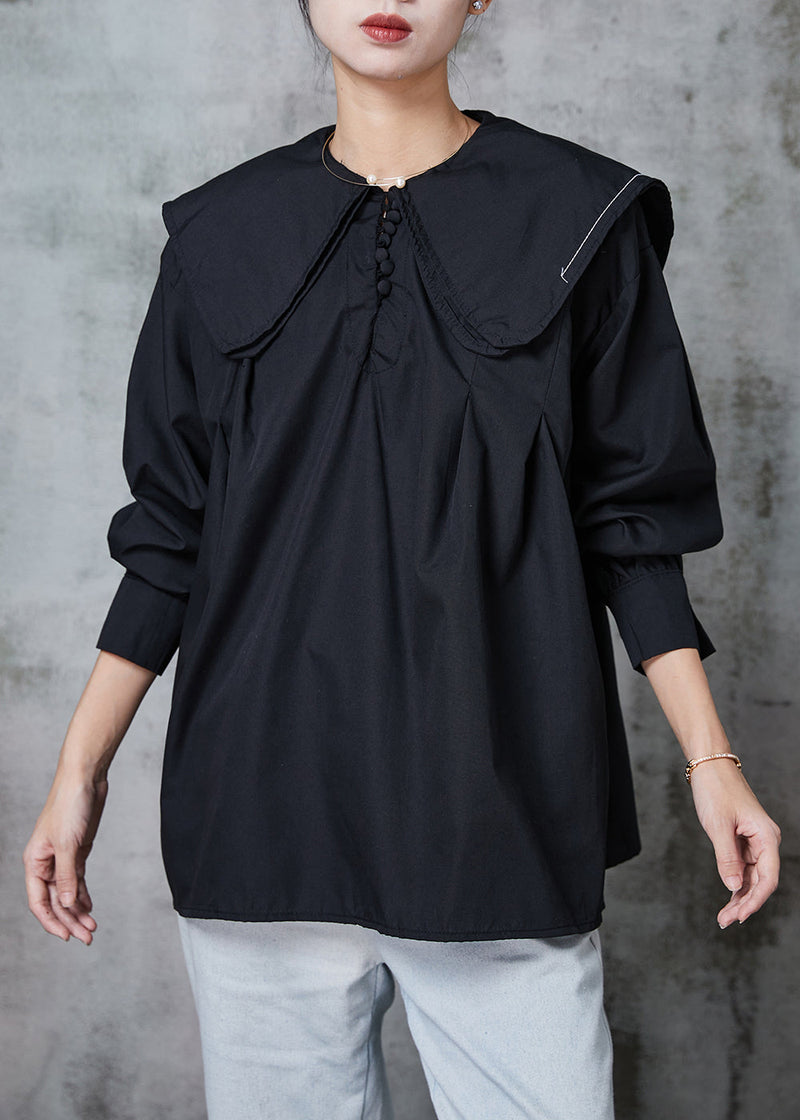 Black Cotton Blouses Double-layer Collar Spring