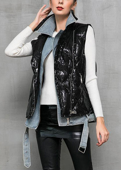 Black Denim Patchwork Cotton Blend Waistcoat Peter Pan Collar Winter