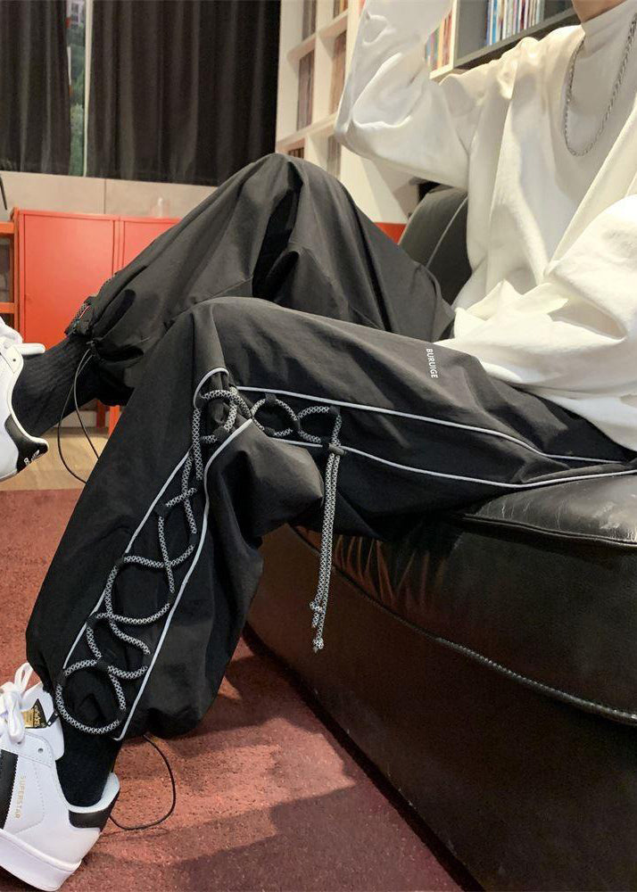 Black Drawstring Cotton Beam Pants High Waist