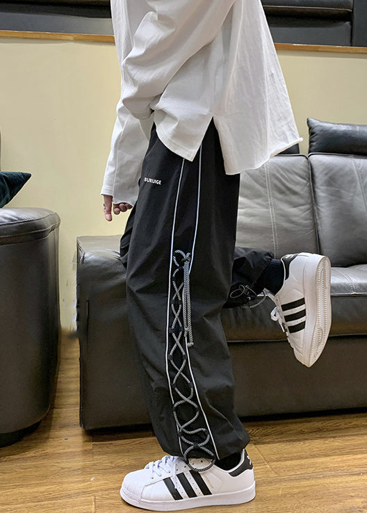 Black Drawstring Cotton Beam Pants High Waist