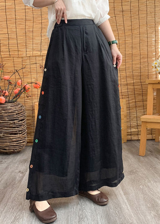 Black Elastic Waist Linen Wide Leg Pants