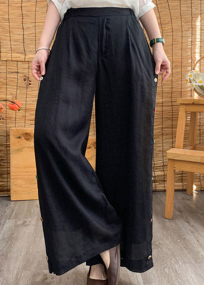 Black Elastic Waist Linen Wide Leg Pants