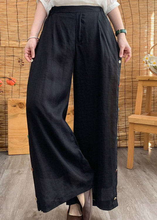 Black Elastic Waist Linen Wide Leg Pants