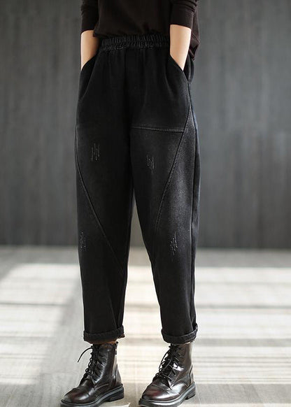 Black Elastic Waist Thick Warm Fleece Pockets Denim Harem Pants Winter
