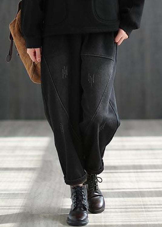 Black Elastic Waist Thick Warm Fleece Pockets Denim Harem Pants Winter