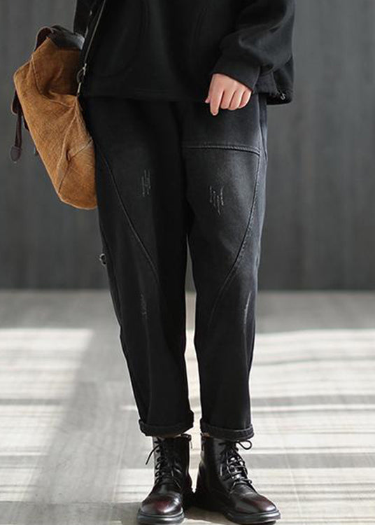 Black Elastic Waist Thick Warm Fleece Pockets Denim Harem Pants Winter