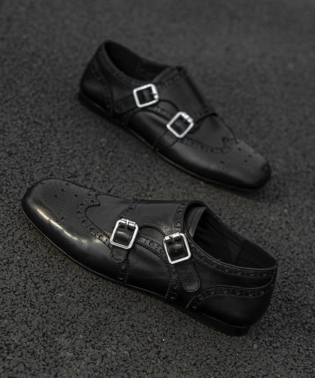 Black Embossed Cowhide Leather Splicing Loafers for