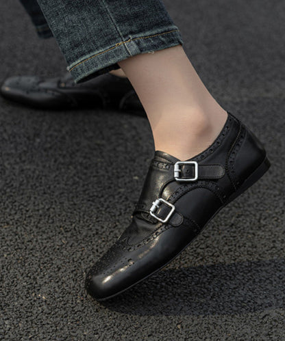 Black Embossed Cowhide Leather Splicing Loafers for