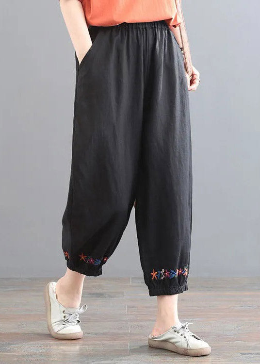 Black Embroideried Elastic Waist Harem Pants Summer