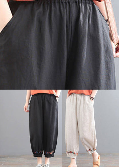 Black Embroideried Elastic Waist Harem Pants Summer