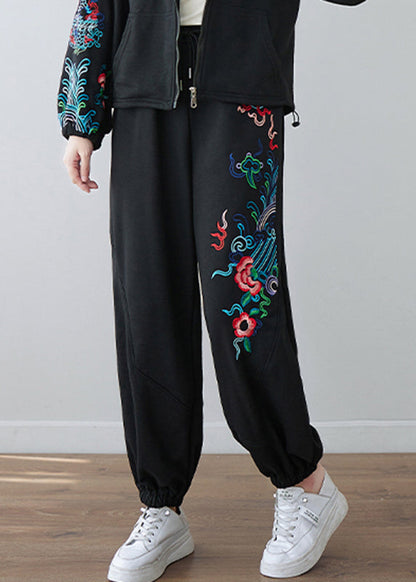 Black Embroideried Pockets Elastic Waist Pants Fall