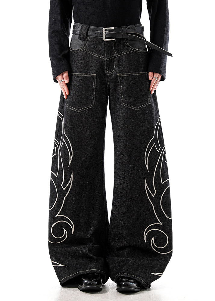 Black Embroideried Pockets Denim Wide Leg Pants High Waist