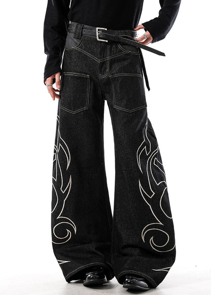 Black Embroideried Pockets Denim Wide Leg Pants High Waist