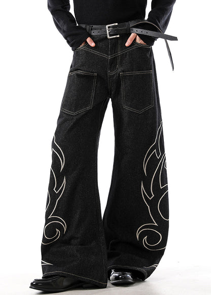 Black Embroideried Pockets Denim Wide Leg Pants High Waist