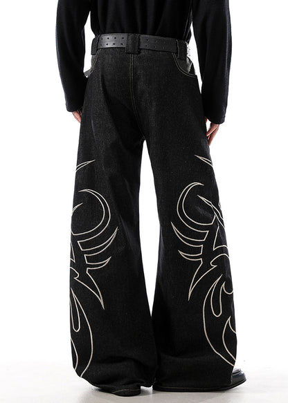 Black Embroideried Pockets Denim Wide Leg Pants High Waist