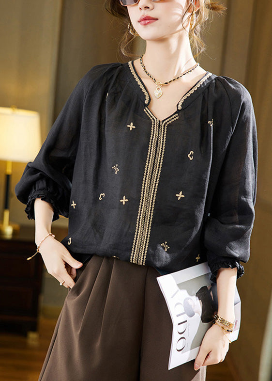 Black Embroideried Linen Top Long Sleeve