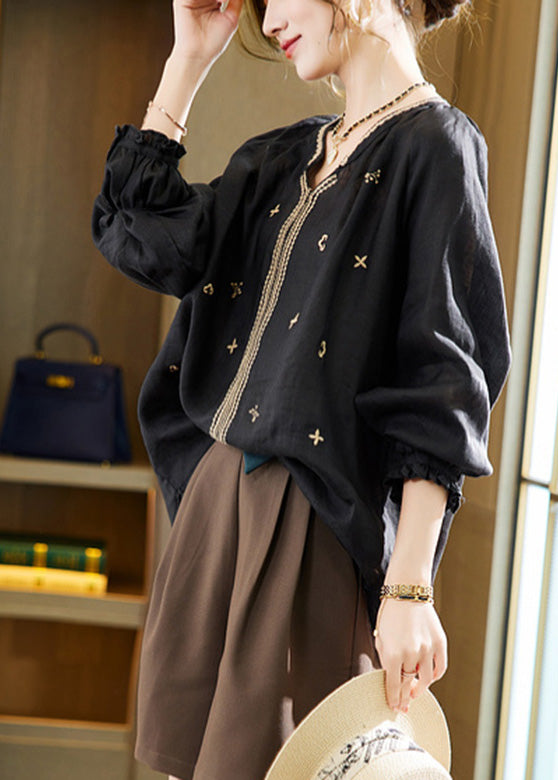 Black Embroideried Linen Top Long Sleeve