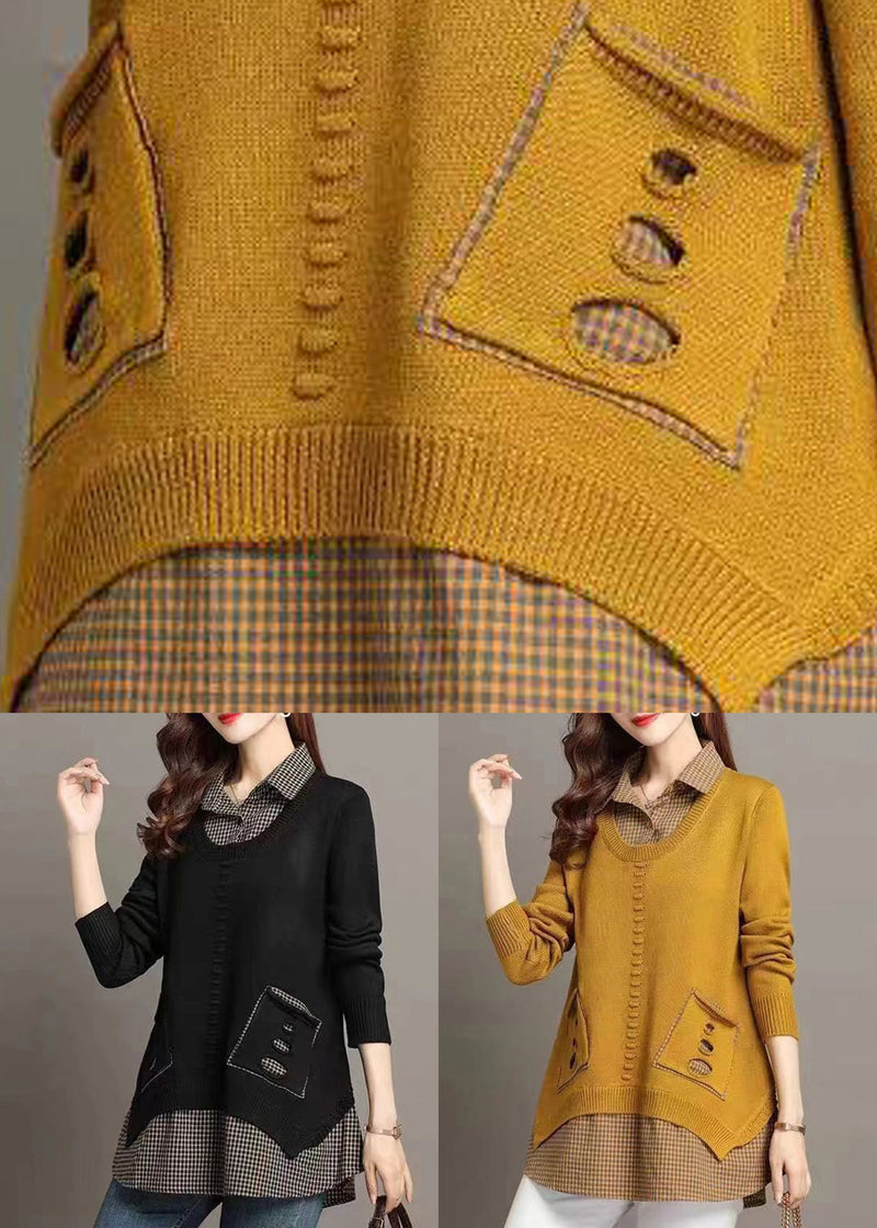 Black False Two Pieces Patchwork Knit Shirts Sweater Hollow Out