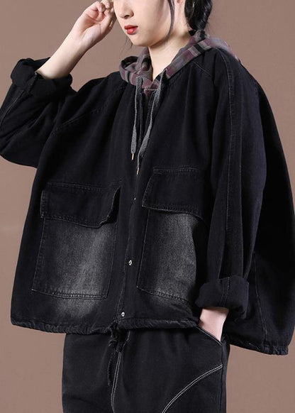 Black Trench Coat Drawstring Hooded Spring Outwear