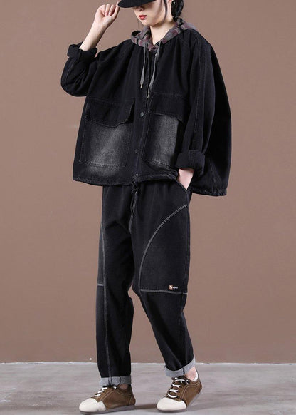 Black Trench Coat Drawstring Hooded Spring Outwear