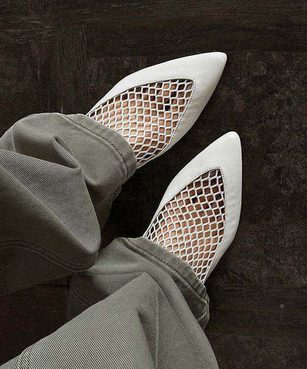 Black Flat Shoes Tulle Splicing Cowhide Leather Pointed Toe