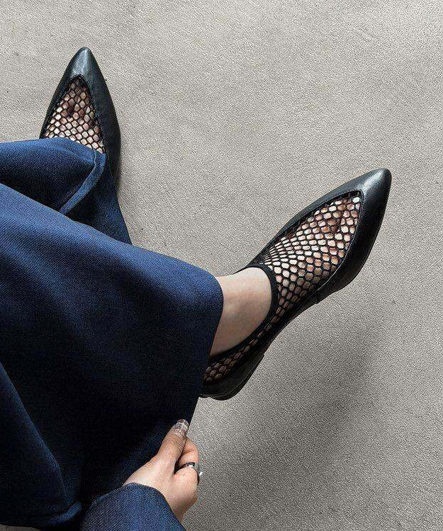 Black Flat Shoes Tulle Splicing Cowhide Leather Pointed Toe