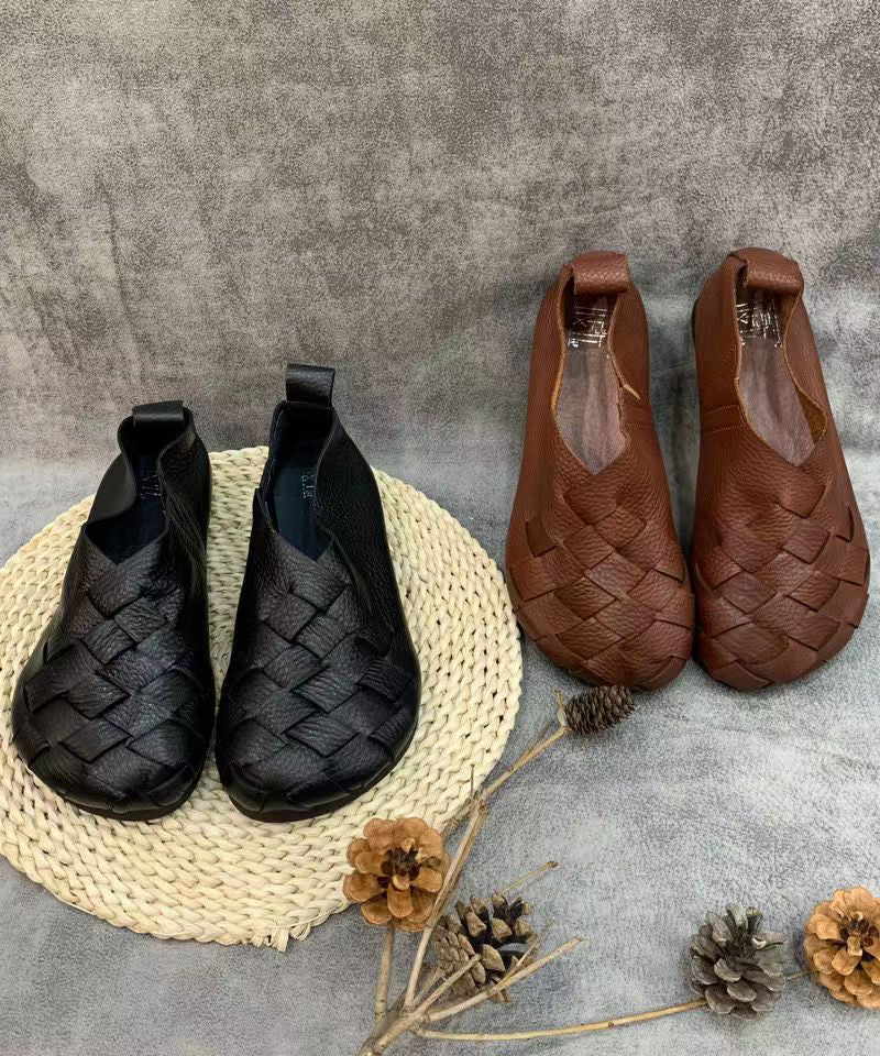 Black Flat Shoes for Handmade Cowhide Leather Fitted Splicing 1