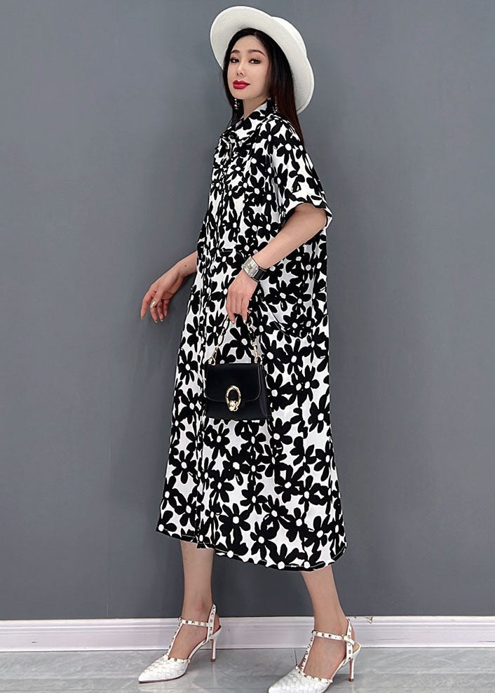 Black Print Cotton Long Dresses Turn-down Collar Short Sleeve