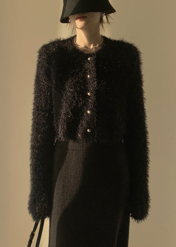 Black Fluffy Knit Cardigan O-neck Spring