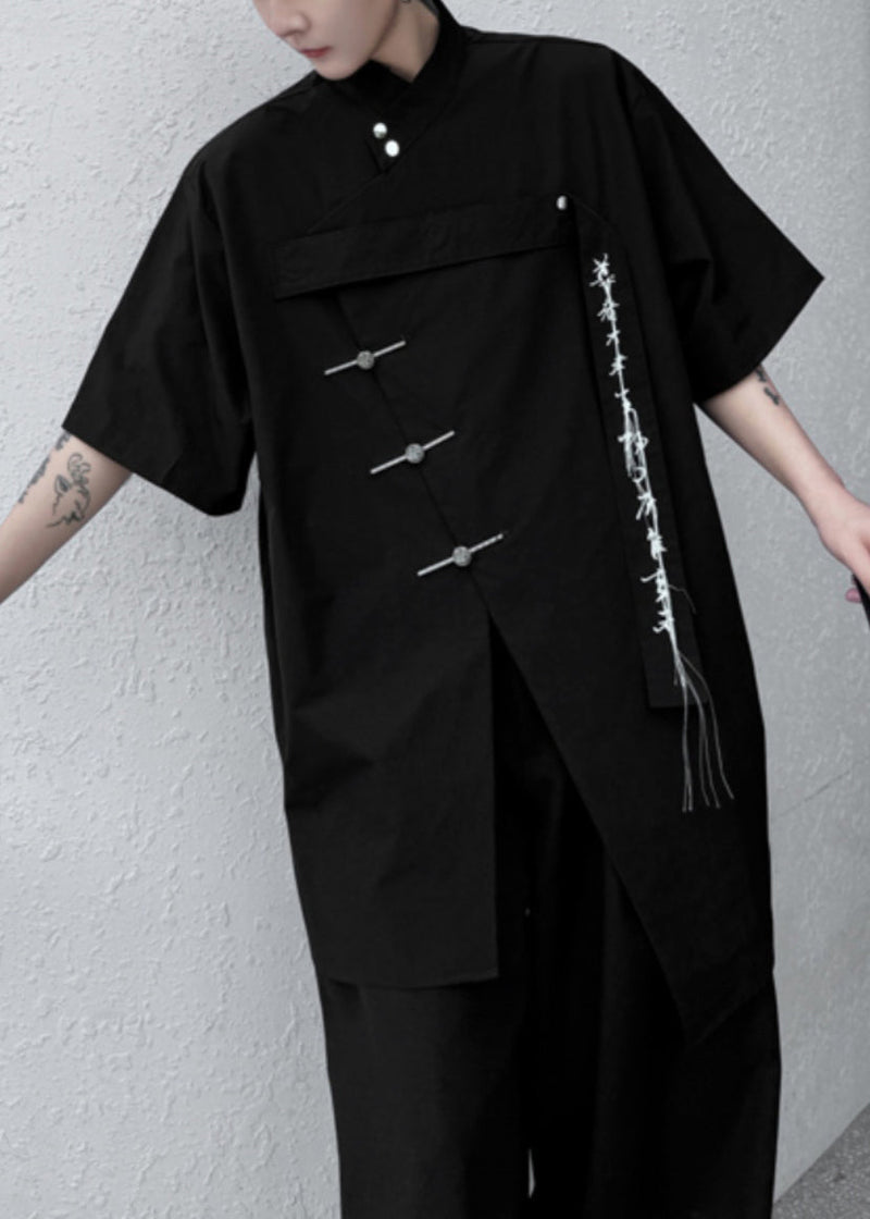 Black Front Open Loose Cotton Shirt Embroideried Summer