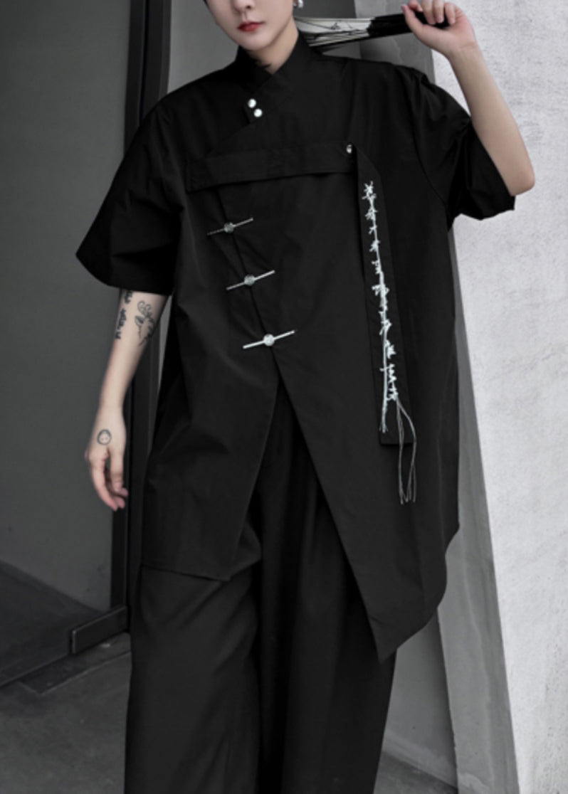 Black Front Open Loose Cotton Shirt Embroideried Summer